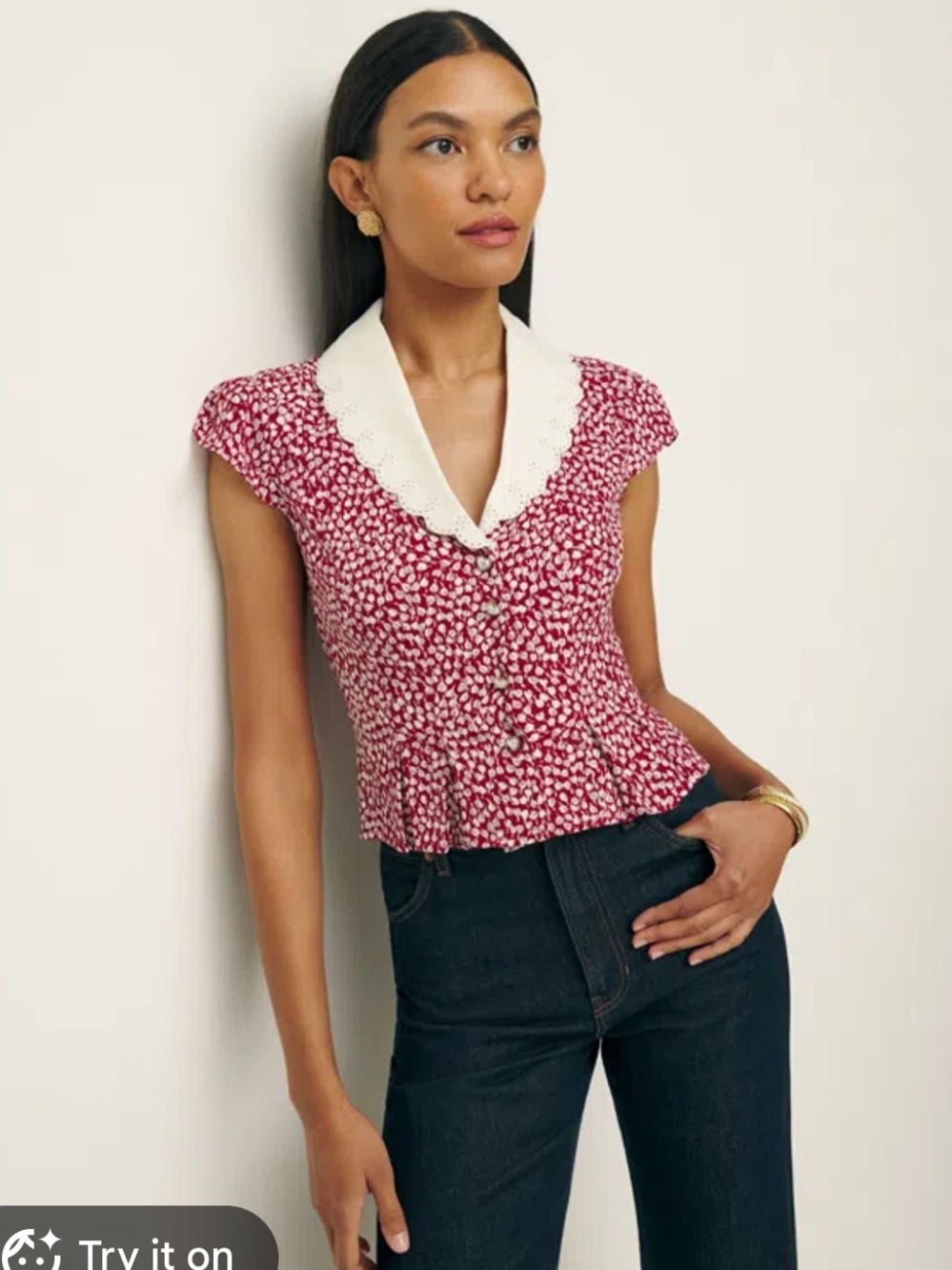 Reformation Palermo Blouse Red Floral Peter Pan Collar Heart RetroXS